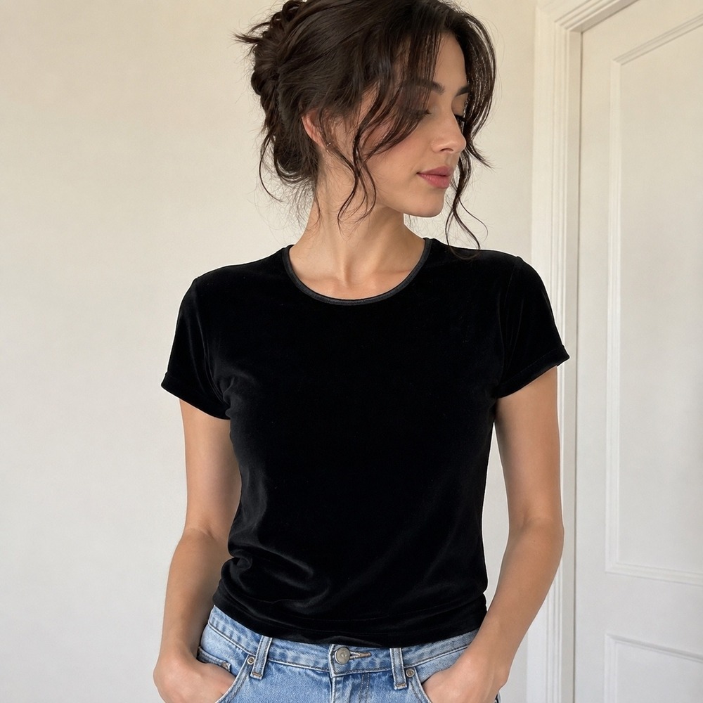 Victoria's Secret Women's Small Black Velvet Baby Tee Y2K Short Sleeve Top